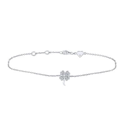 Sterling Silver Round Diamond Lucky Clover Fashion Bracelet 1/10 Ctw